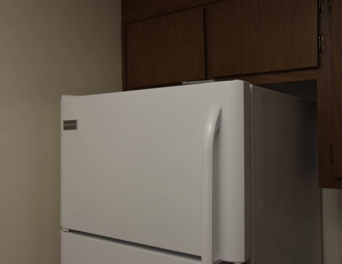Upper refrigerator and freezer doors beneath wooden kitchen cabinets.