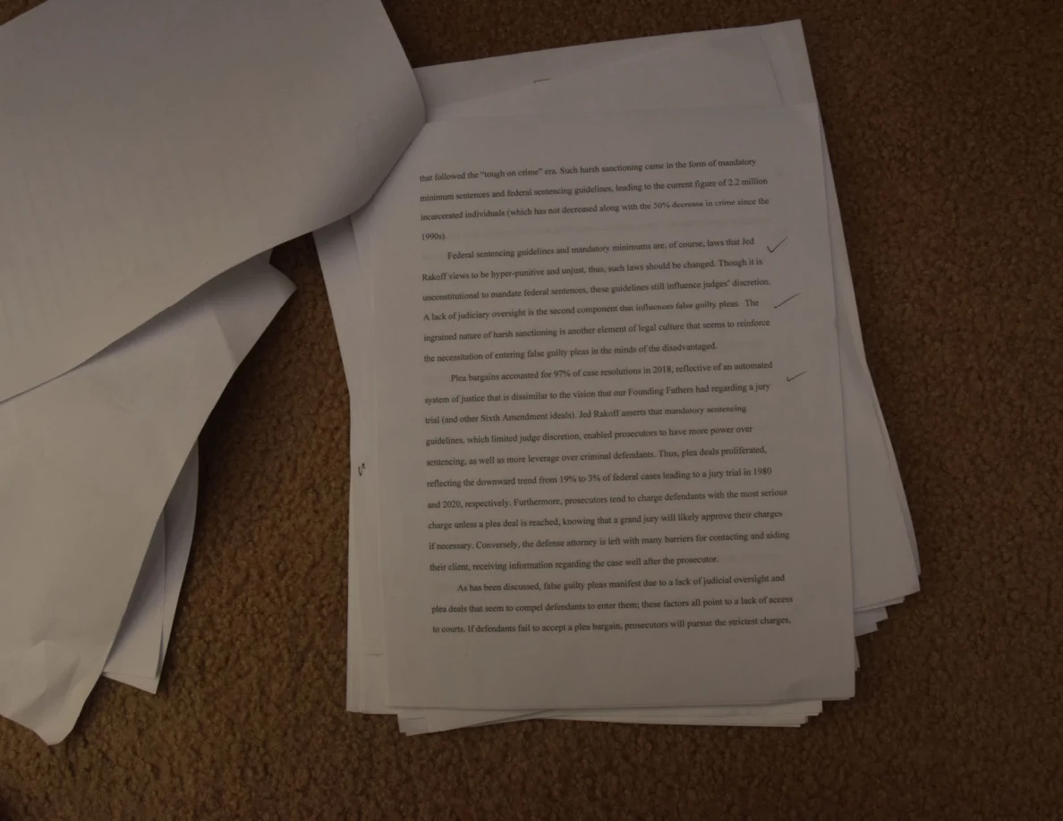 Printed essay page with handwritten check marks along the right margin.
