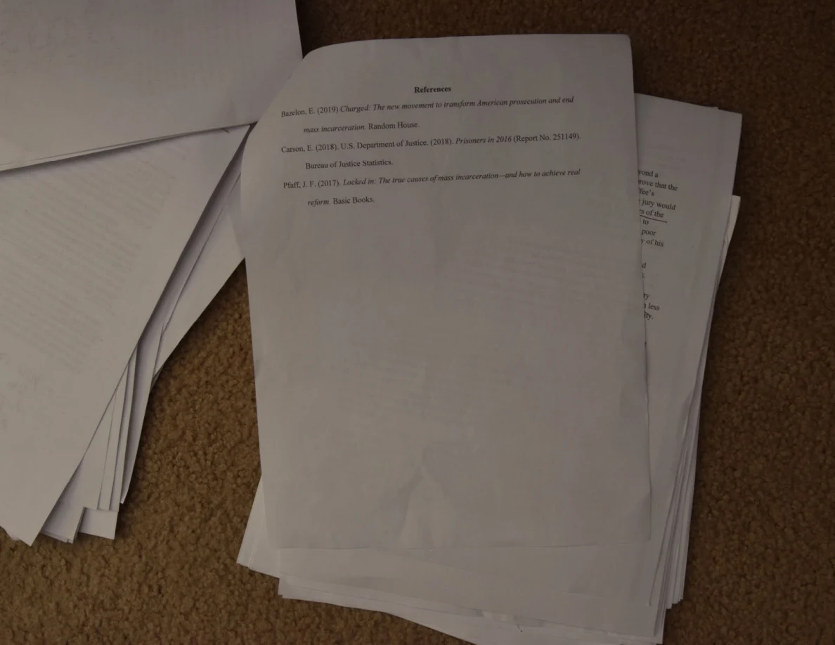 Printed References page with a short citation list, lying on other papers on carpet.