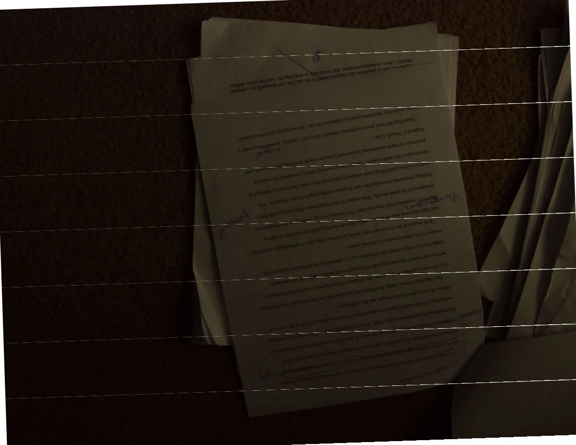 Dim upside-down annotated printed page with horizontal bands across the photograph.