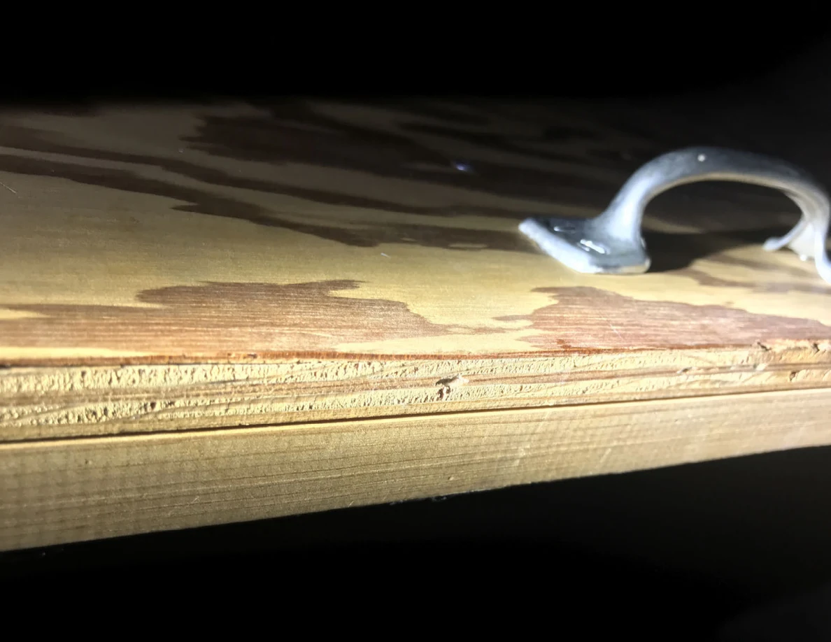 Silver pull handle and exposed plywood layers along a wooden panel edge.