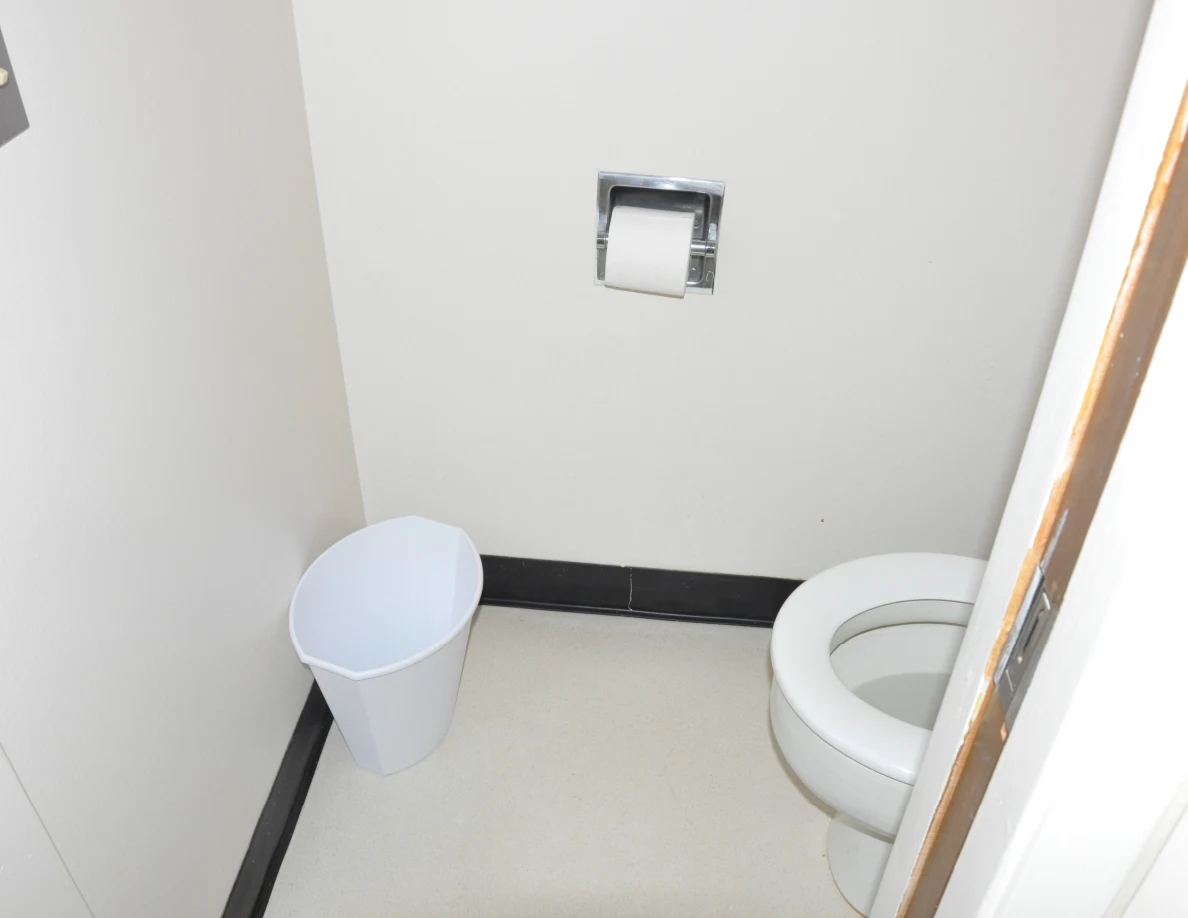 Small toilet compartment with a white wastebasket and wall-mounted toilet paper roll.