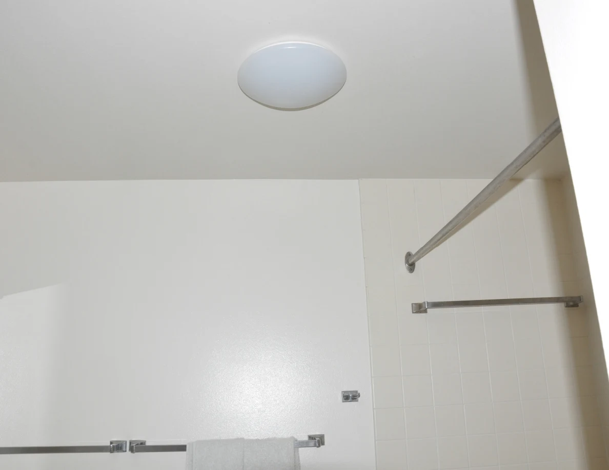 Bathroom ceiling light above a shower curtain rail and towel bars.