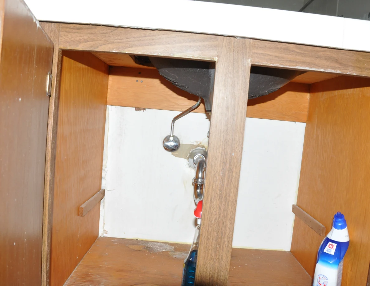 Open cupboard beneath a sink showing plumbing and a blue cleaning bottle.