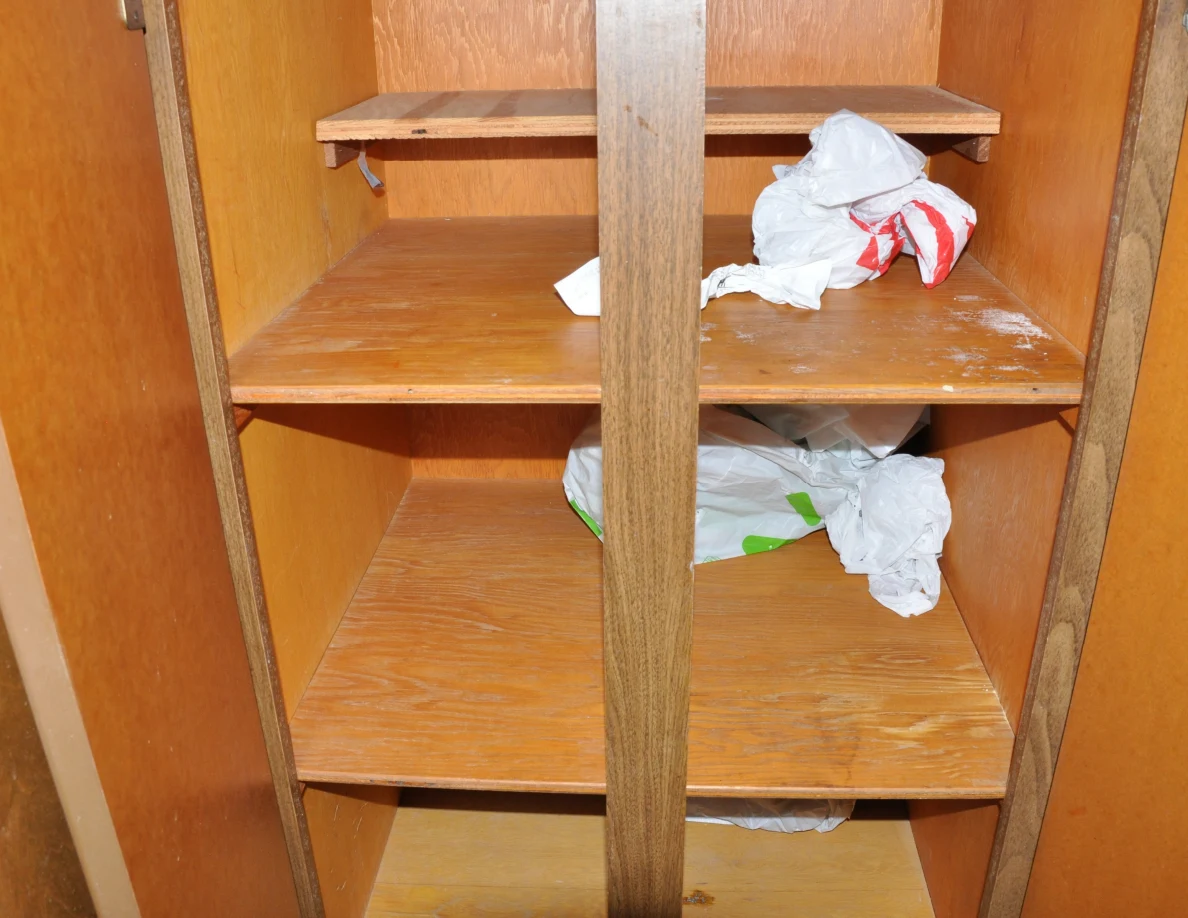 Open wooden cabinet shelves with several crumpled shopping bags.