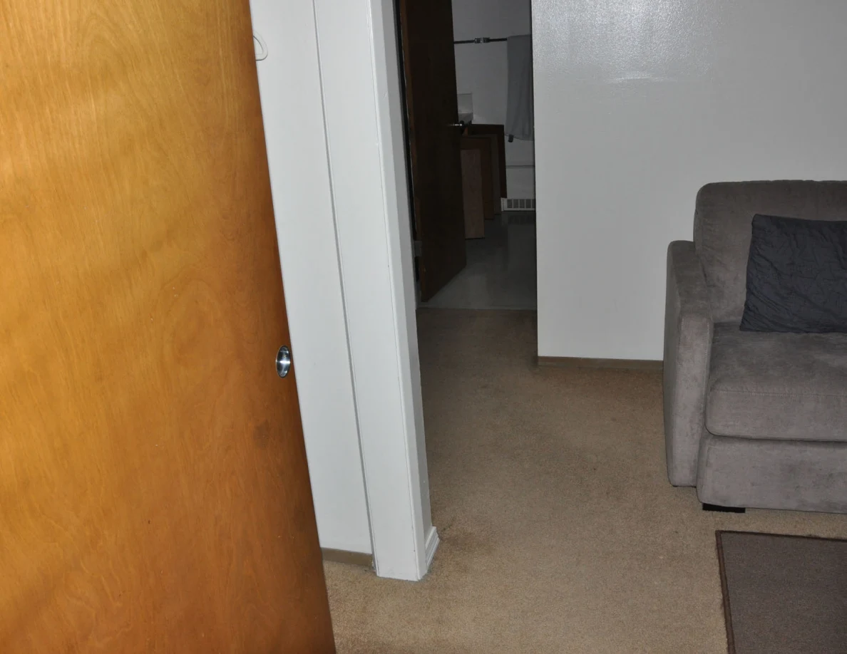 Carpeted hallway beside a wooden closet door and a gray upholstered seat.