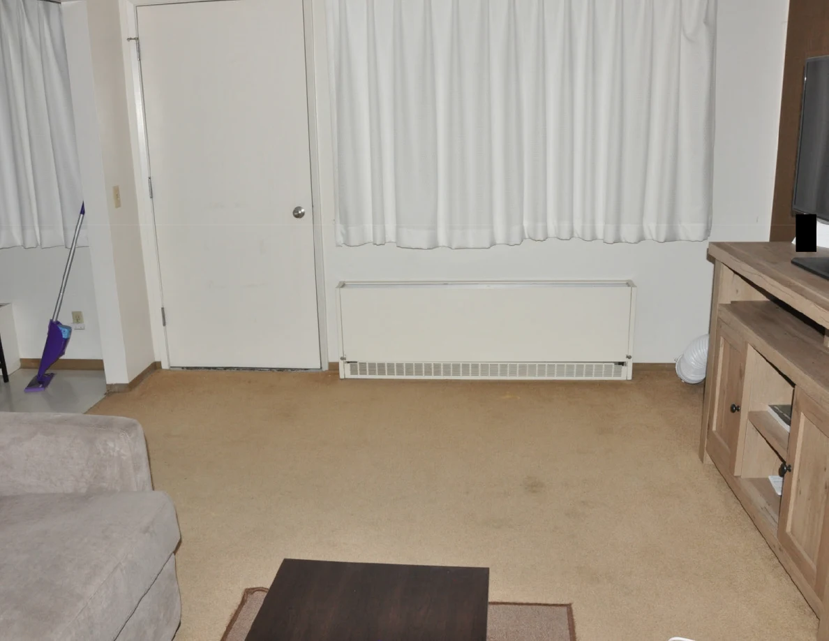 Carpeted living room with curtains, wall heater, television cabinet and part of a coffee table.