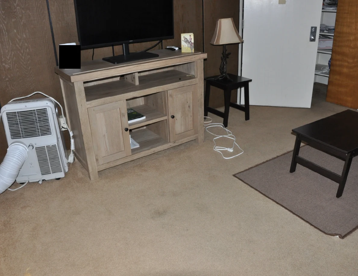 Television cabinet, portable air conditioner, lamp and white power cords on carpet.