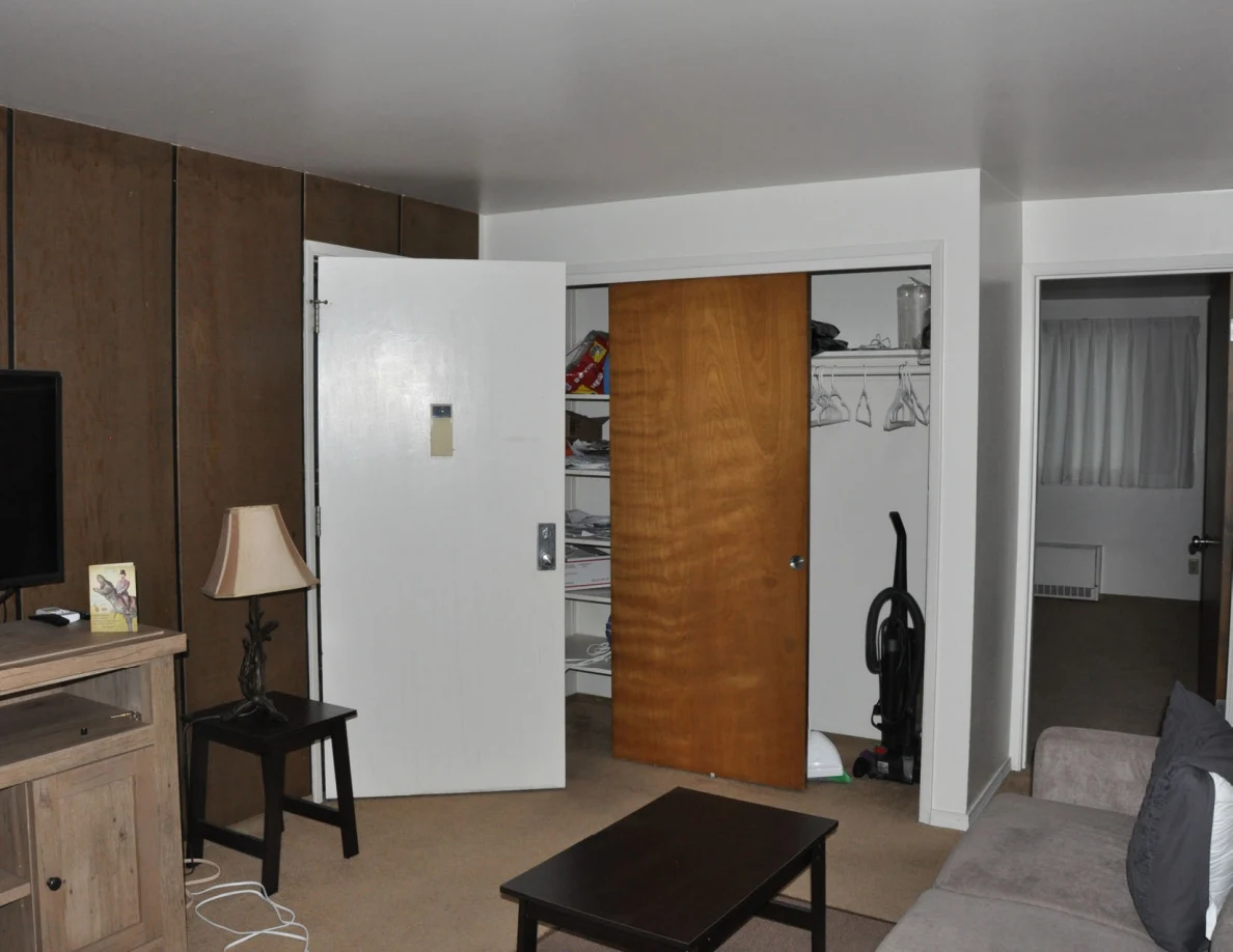 Living room with television, lamp, open entrance door, closet and vacuum.