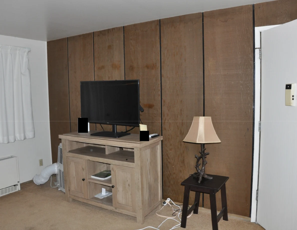 Television cabinet against wood paneling beside a lamp; small black redactions cover objects on the cabinet.