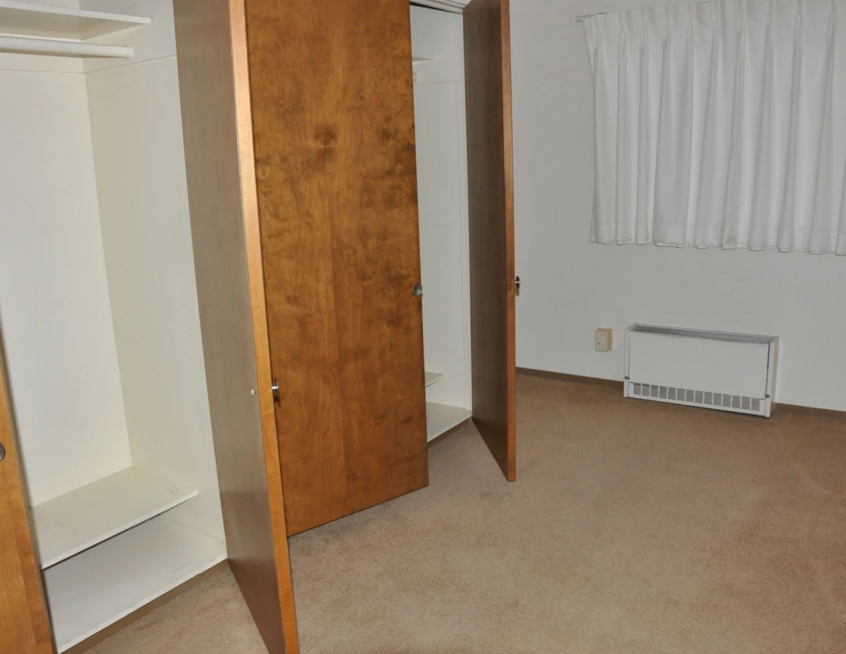 Open wooden closets and beige carpet beside a window with curtains and wall heater.