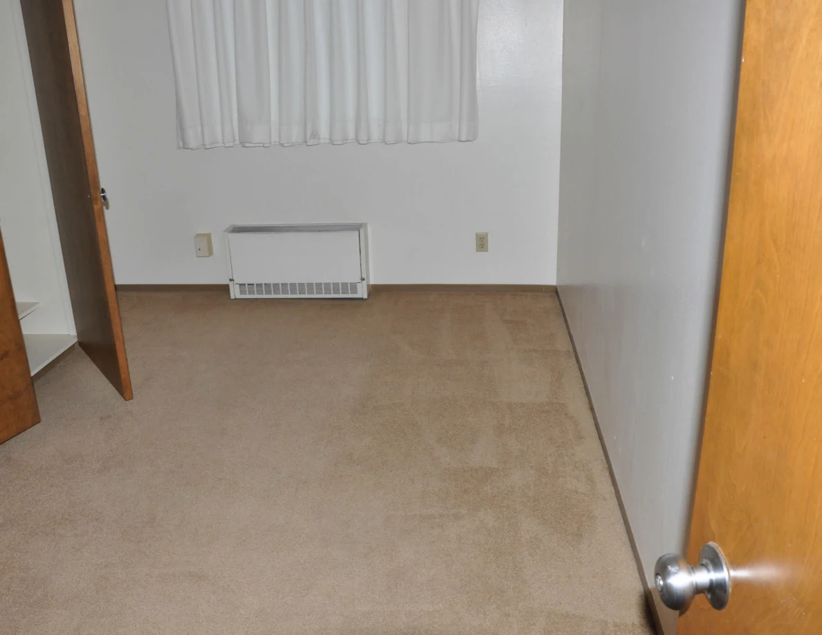 Beige carpet in an empty room below curtains and a wall heater.