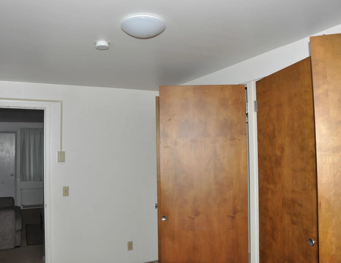 Upper wooden closet doors below a ceiling light and smoke alarm.