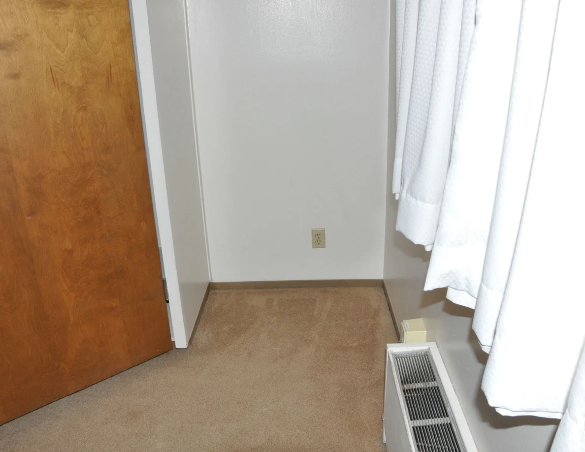Carpeted corner with an open closet door, curtains and wall heater.