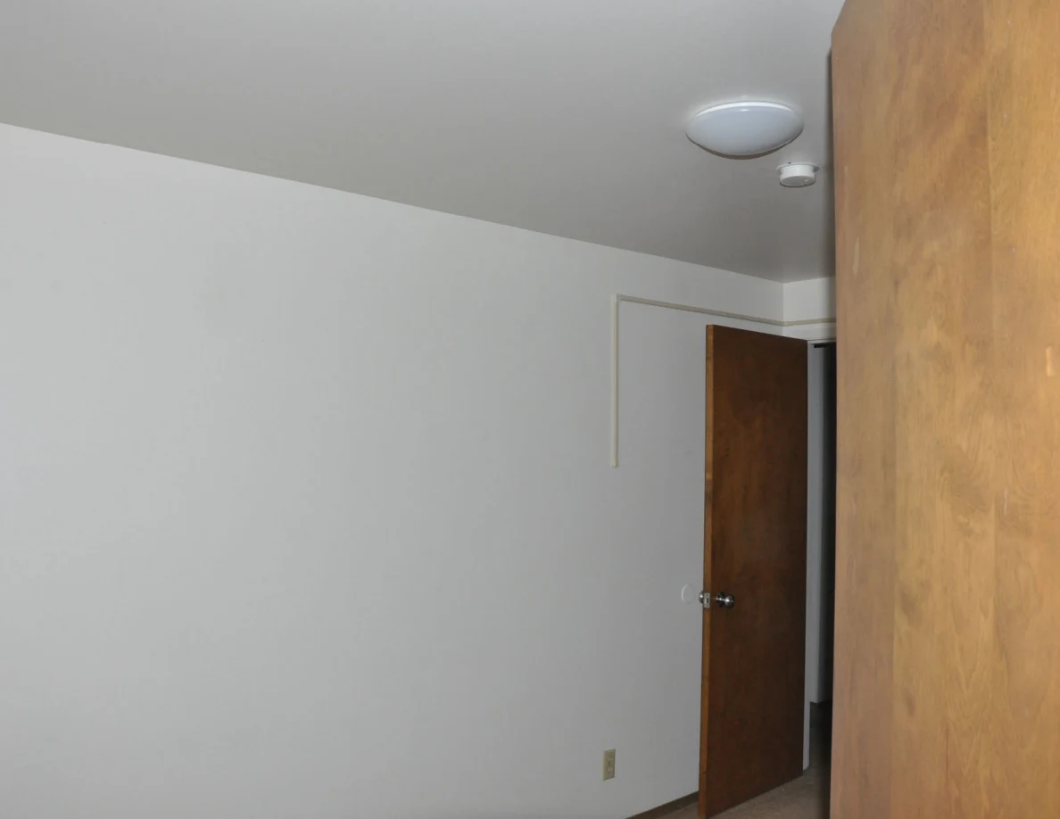 Plain white wall below a ceiling light, beside an open wooden door.