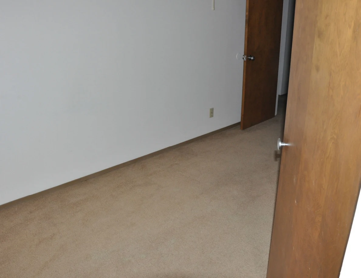 Long pale wall and beige carpet beside open wooden doors.