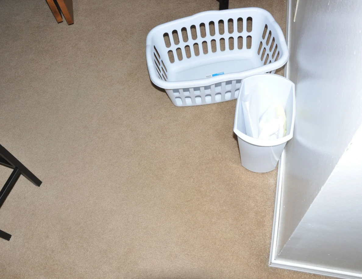 White laundry basket and small wastebasket on beige carpet.