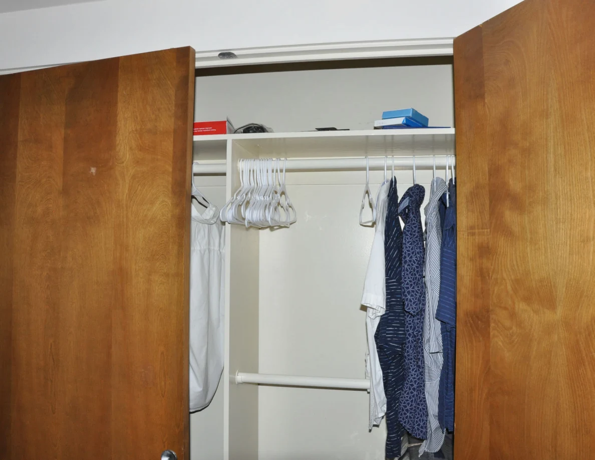 Open closet with shirts, empty hangers and small boxes on the upper shelf.