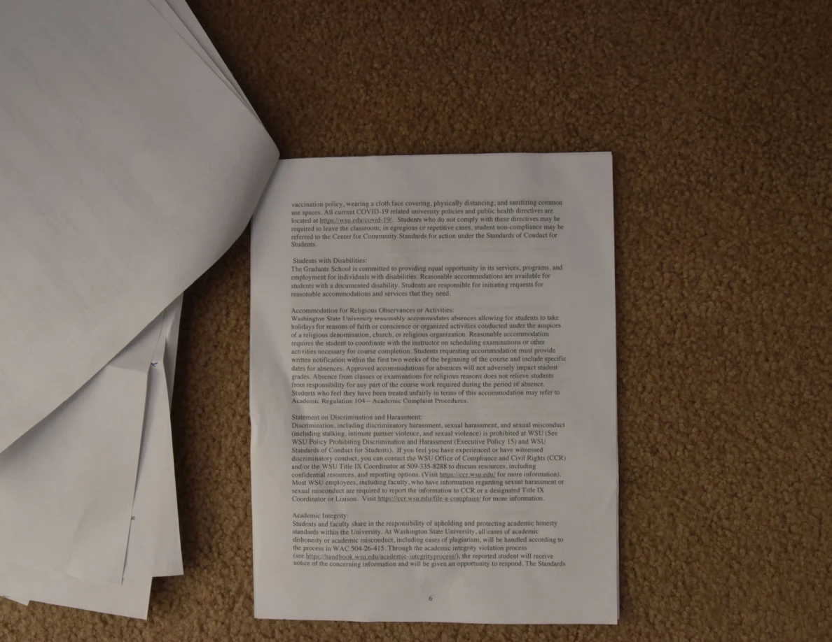 Printed course-policy page with several bold section headings.
