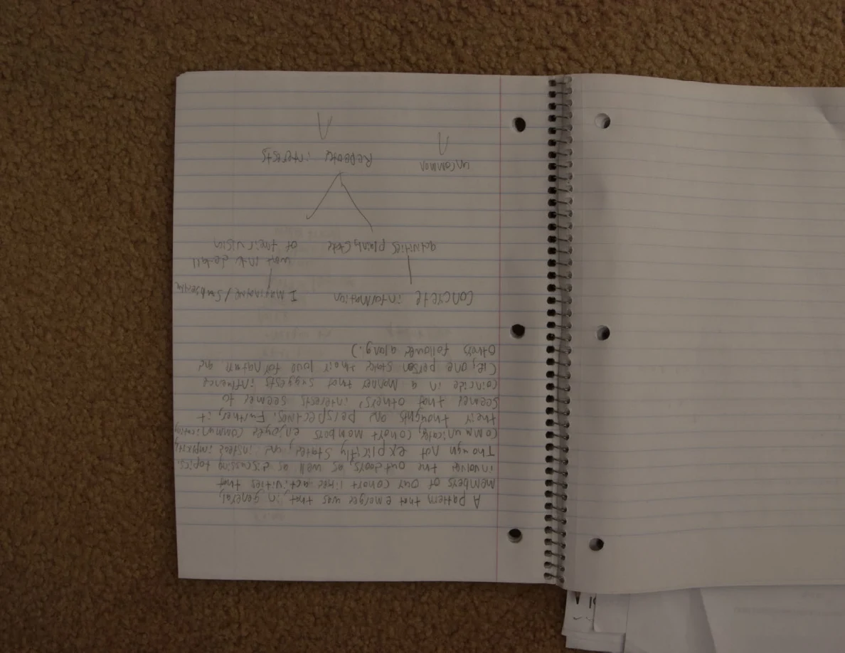 Open spiral notebook with handwritten notes and a small branching sketch on one page.