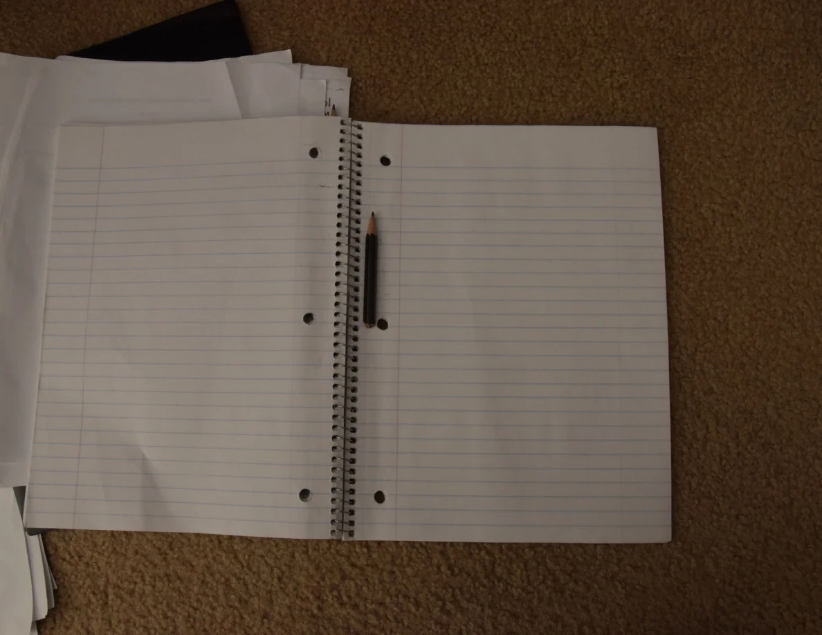 Open blank lined notebook with a pencil resting beside the spiral binding.