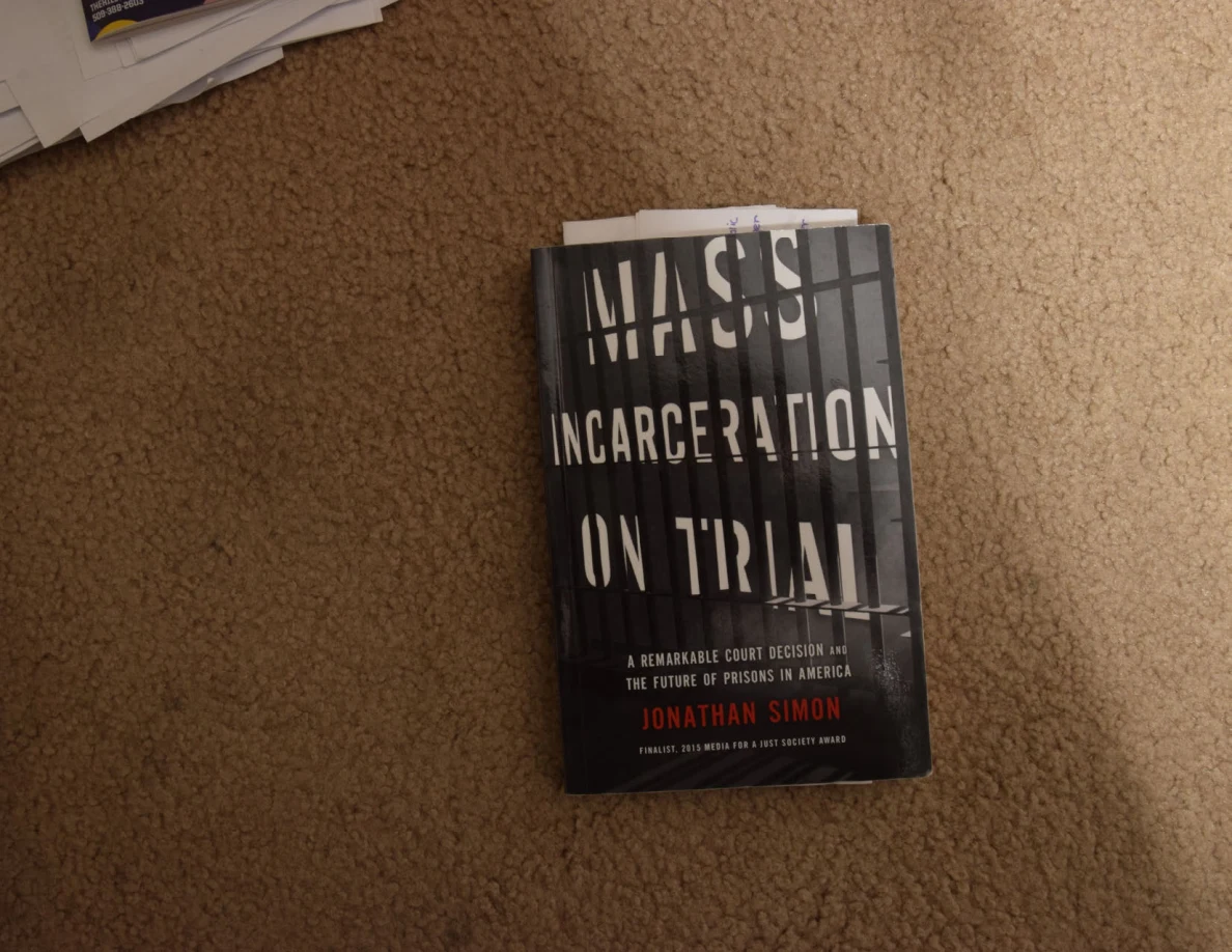 Paperback book titled Mass Incarceration on Trial on carpet.