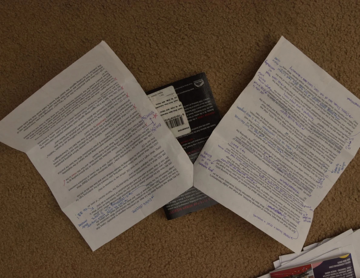 Two annotated printed pages spread over a book on carpet.