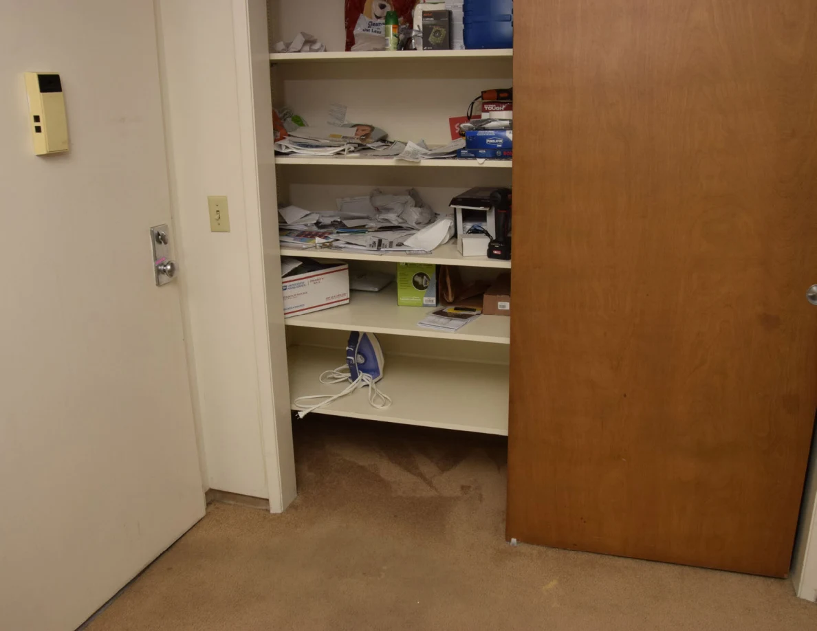 Open storage closet containing papers, boxes, bottles and an iron.