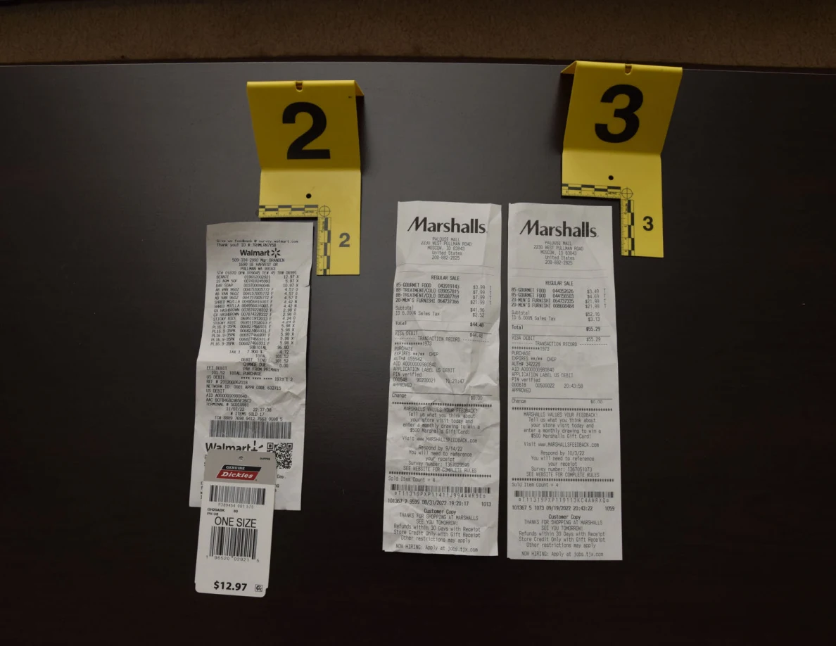Walmart and Marshalls receipts beside yellow markers 2 and 3.