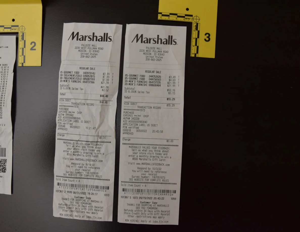 Two Marshalls receipts beside yellow marker 3 and a measuring scale.