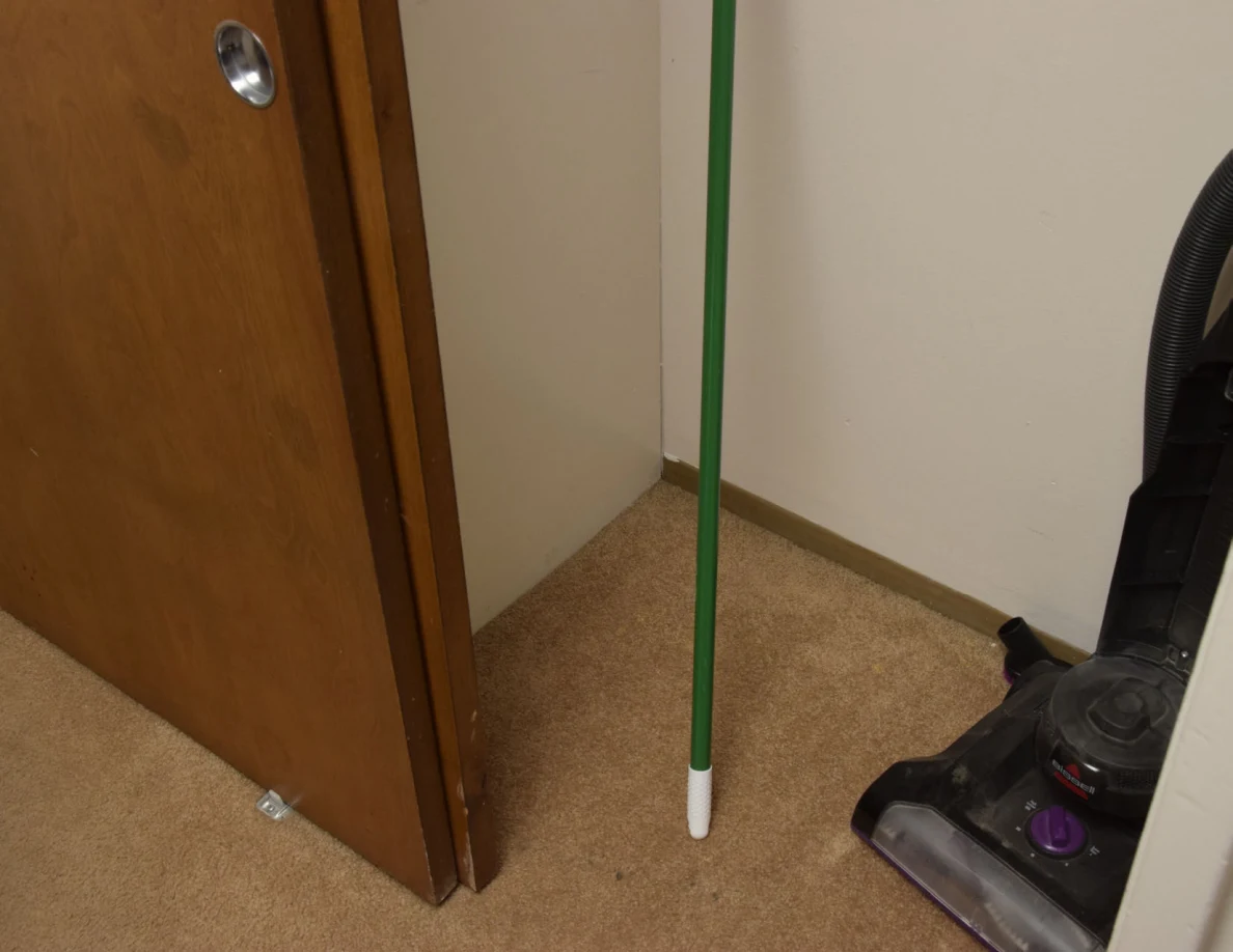 Green-handled cleaning tool beside a wooden closet door and upright vacuum.