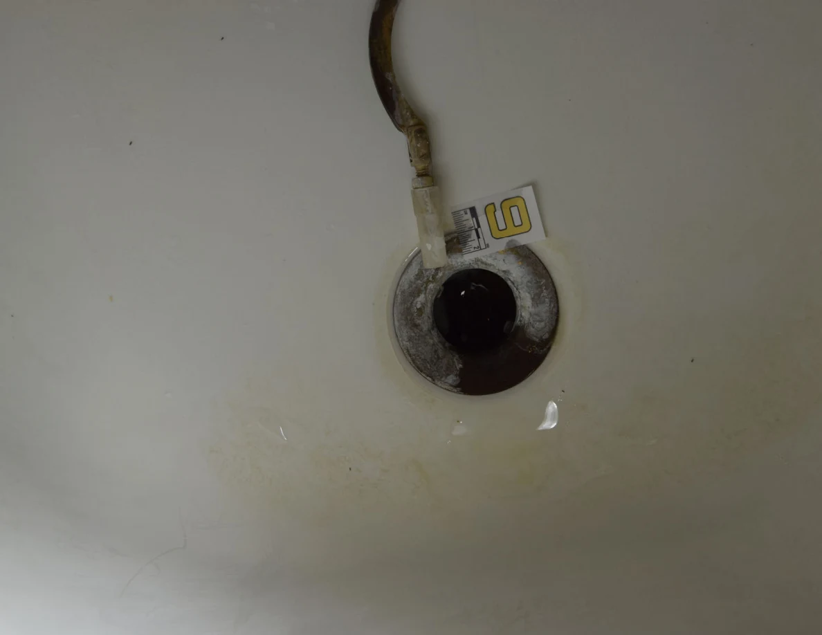 Top-down view of an open bathtub drain and detached linkage.