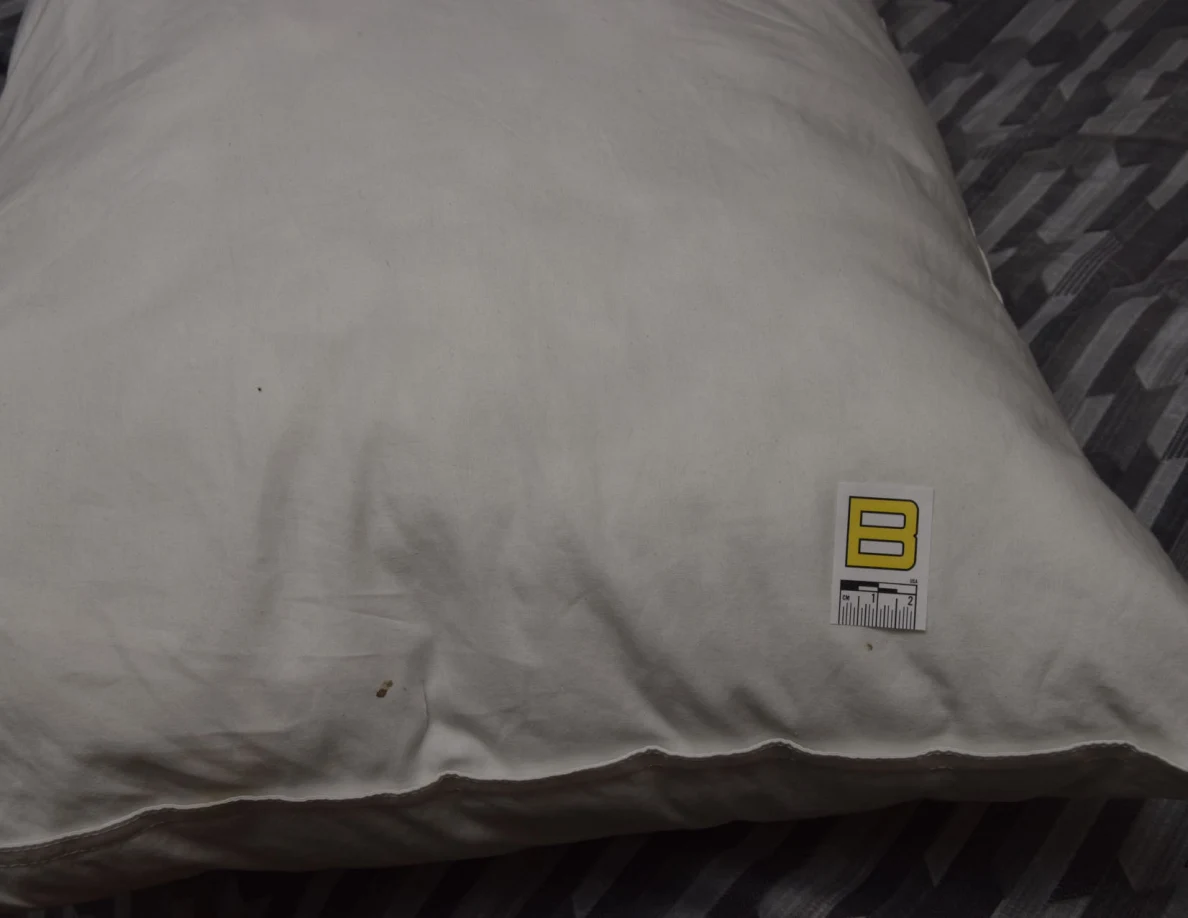 White pillow with small letter B marker near a seam.