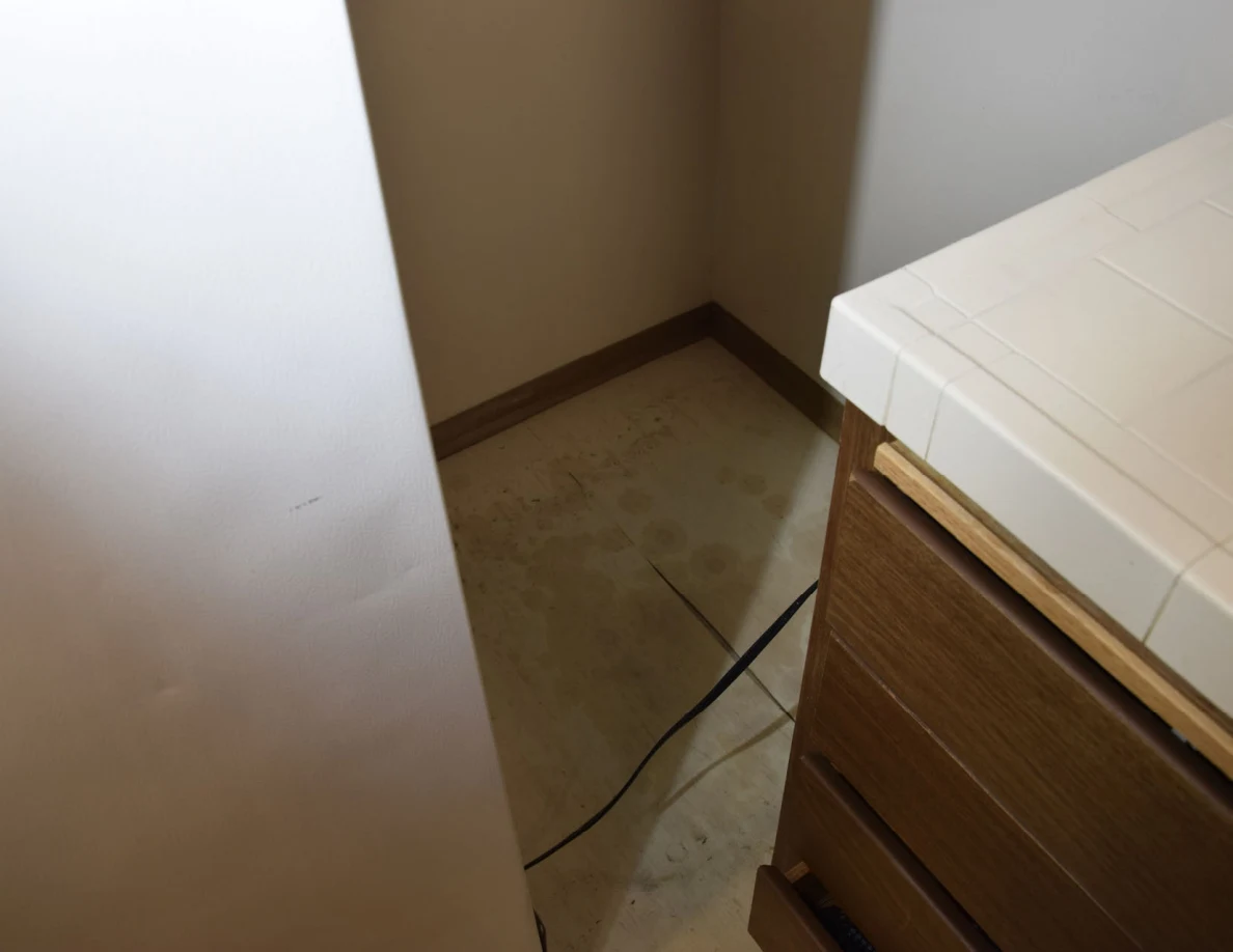Floor corner behind a moved refrigerator with marks, debris and an electrical cord.