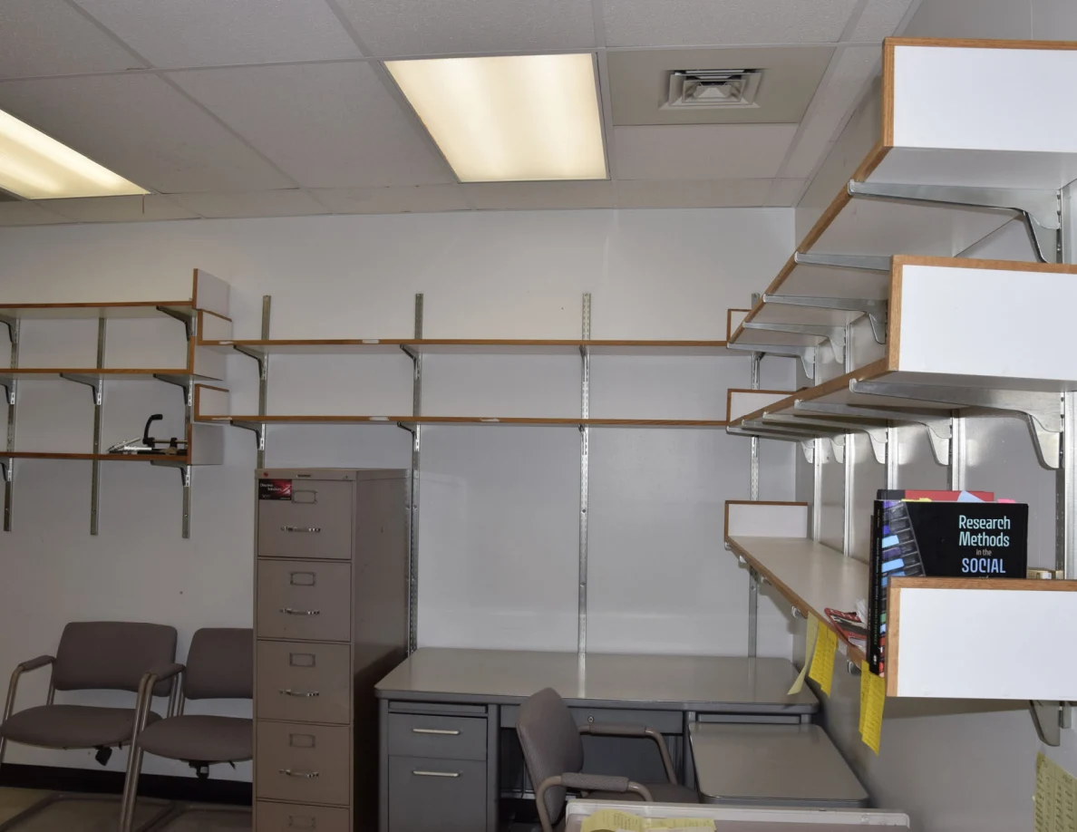 Office wall shelving, filing cabinet and a few books beneath ceiling lights.
