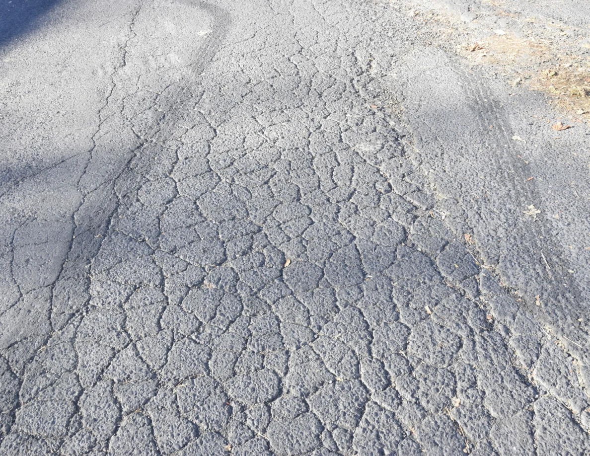 Close view of curved dark marks across cracked asphalt.