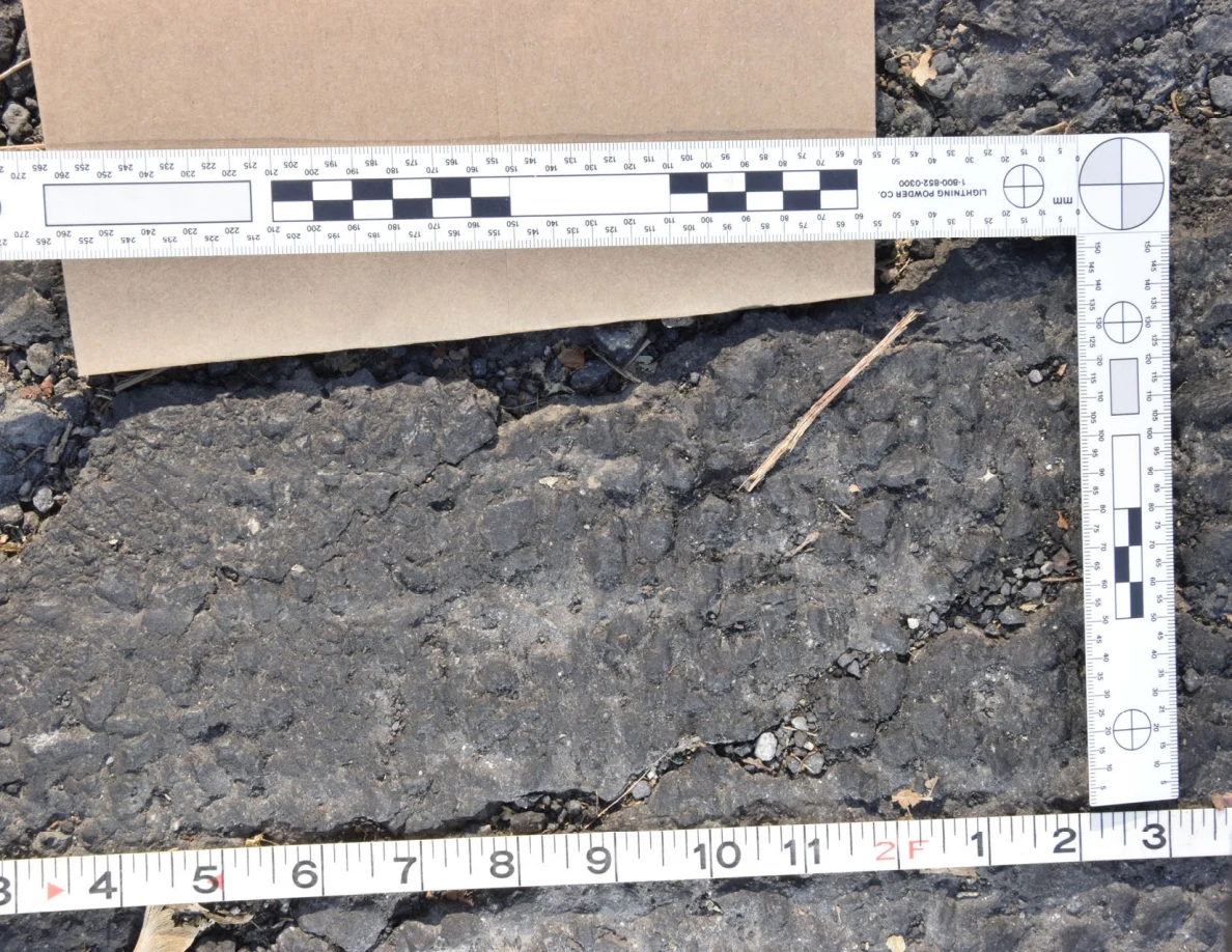 Close view of cracked roadway texture with scales above, below and to the right.