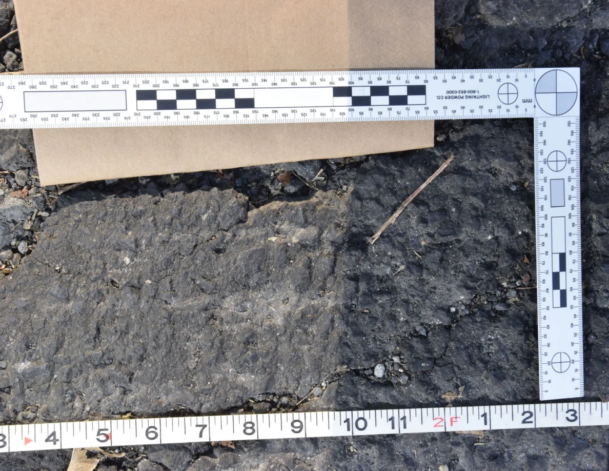 Textured asphalt and small stones inside a measurement frame.