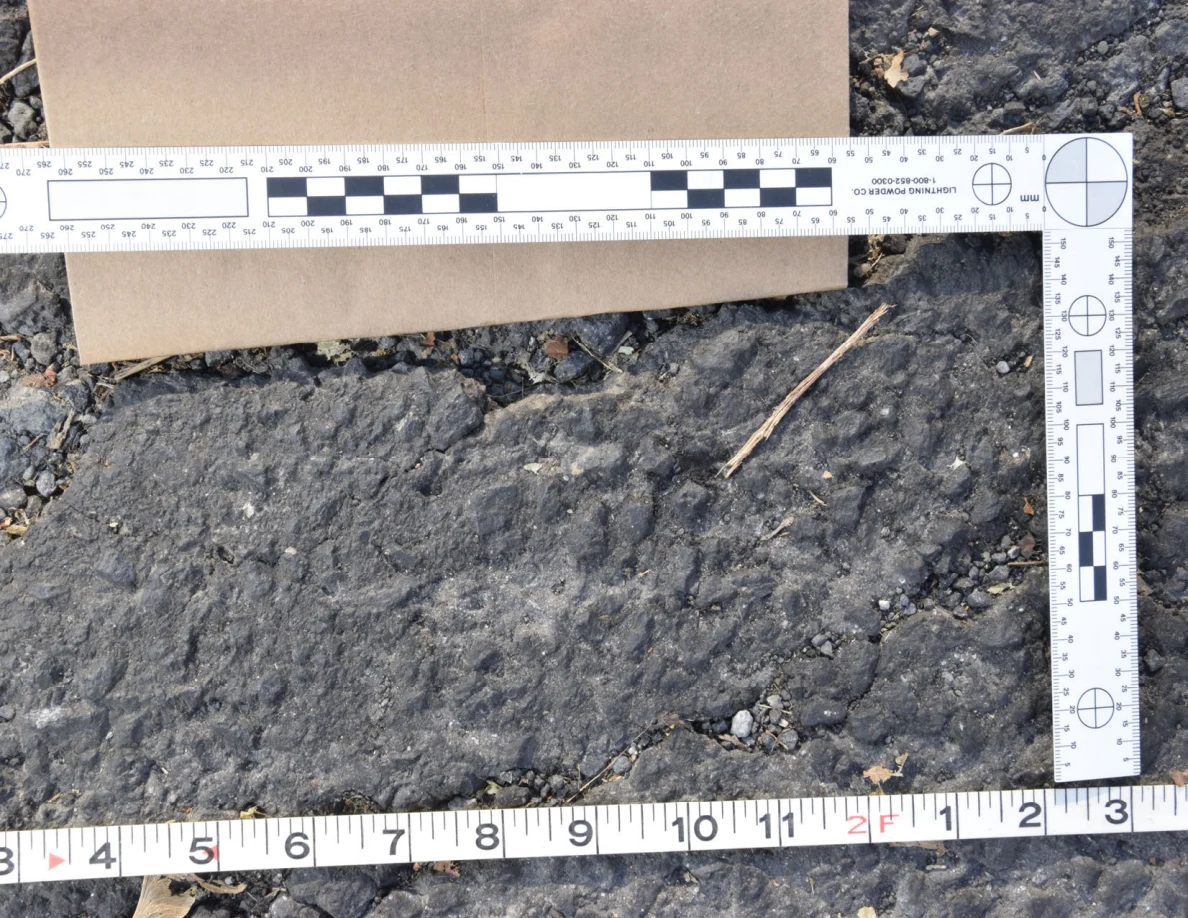 Rough asphalt patch with a twig, brown envelope and measuring scales.