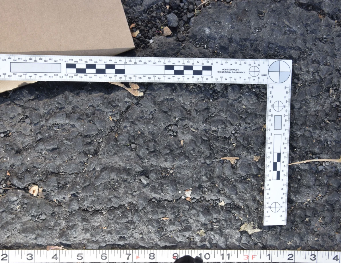 Textured asphalt with small pebbles and leaf fragments inside an L-shaped photographic scale, beside a brown envelope.