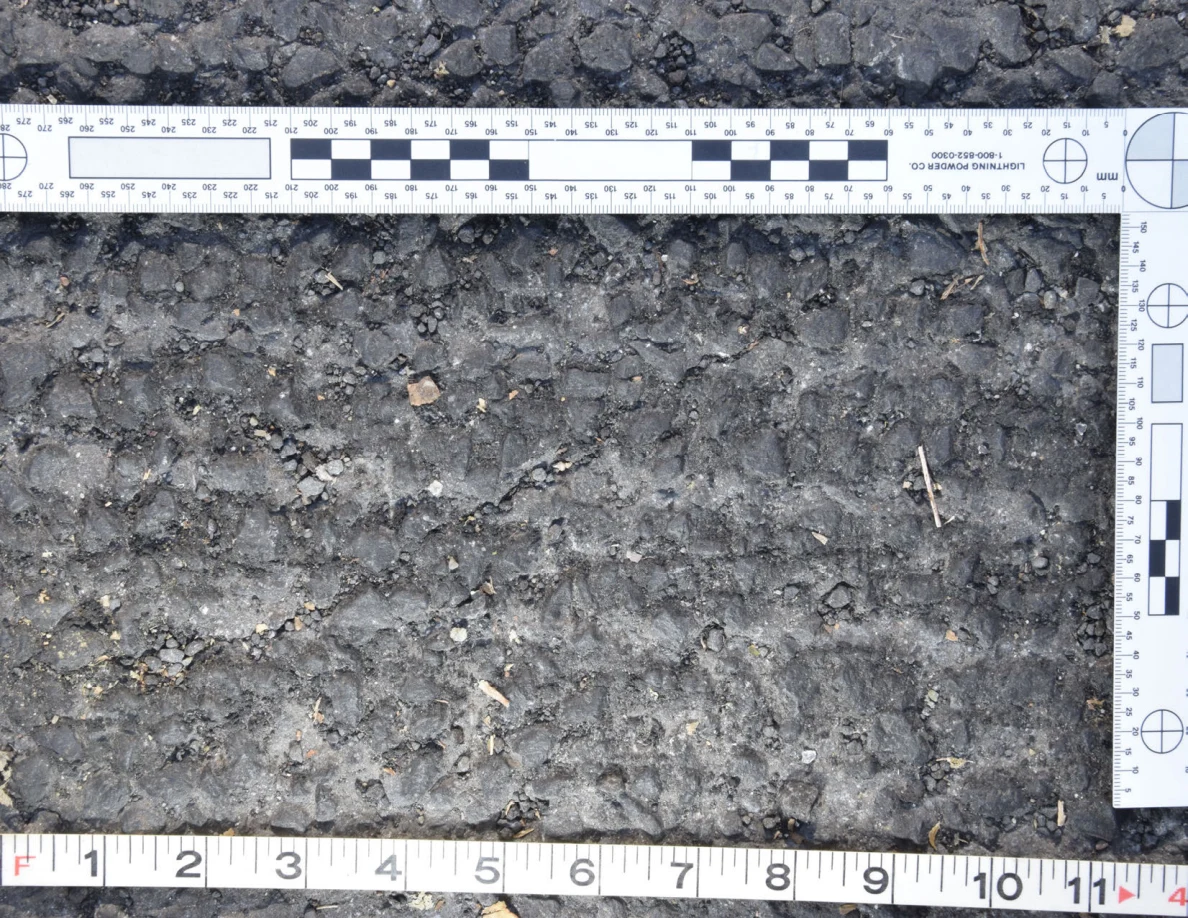 Close view of rough asphalt with small stones and thin plant fragments beside an L-shaped scale and measuring tape.