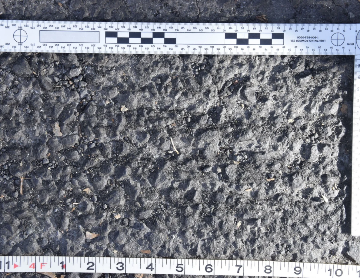 Close view of uneven asphalt with small stones and plant fragments, framed by an L-shaped scale and measuring tape.