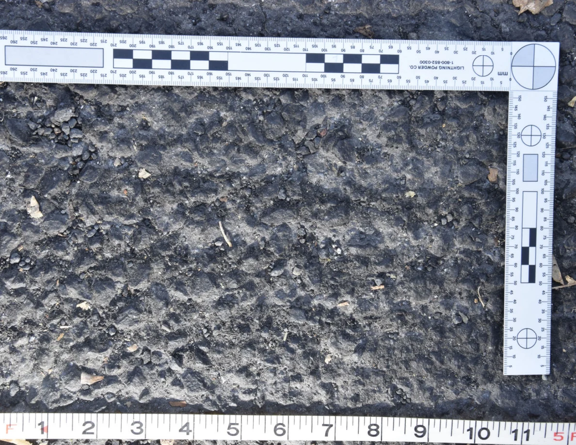 Close view of uneven asphalt with small stones and plant fragments, framed by an L-shaped scale and measuring tape.