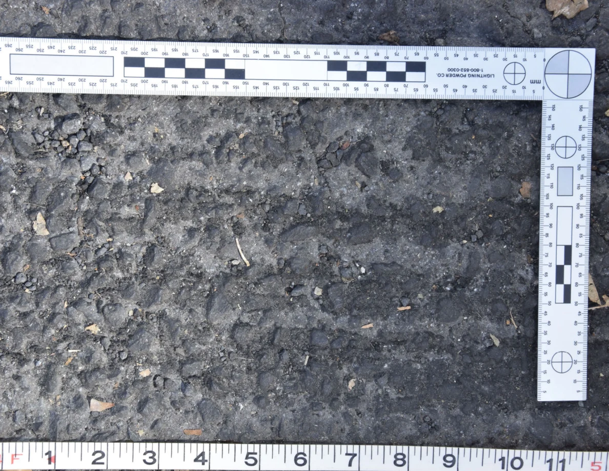 Close view of uneven asphalt with small stones and plant fragments, framed by an L-shaped scale and measuring tape.