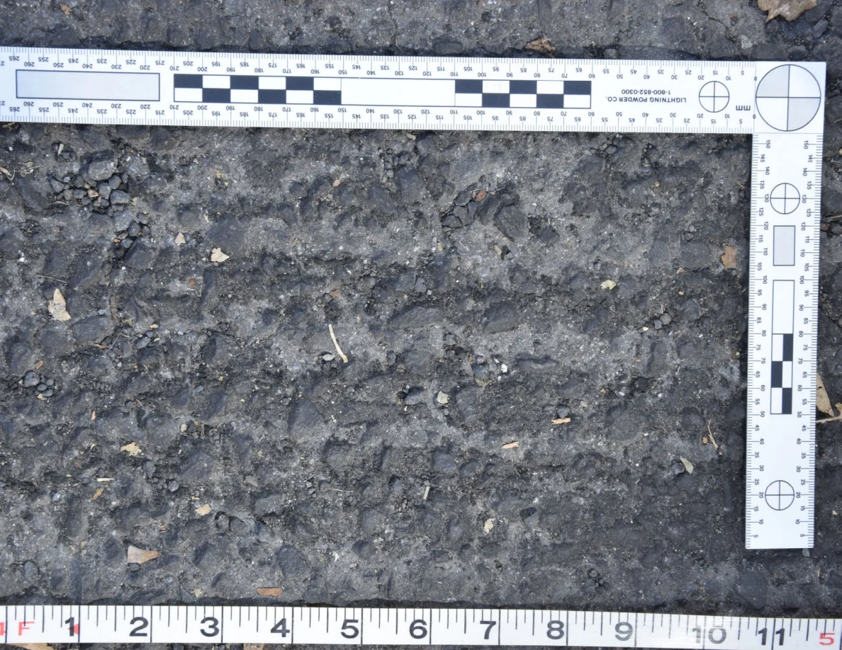 Close view of uneven asphalt with small stones and plant fragments, framed by an L-shaped scale and measuring tape.