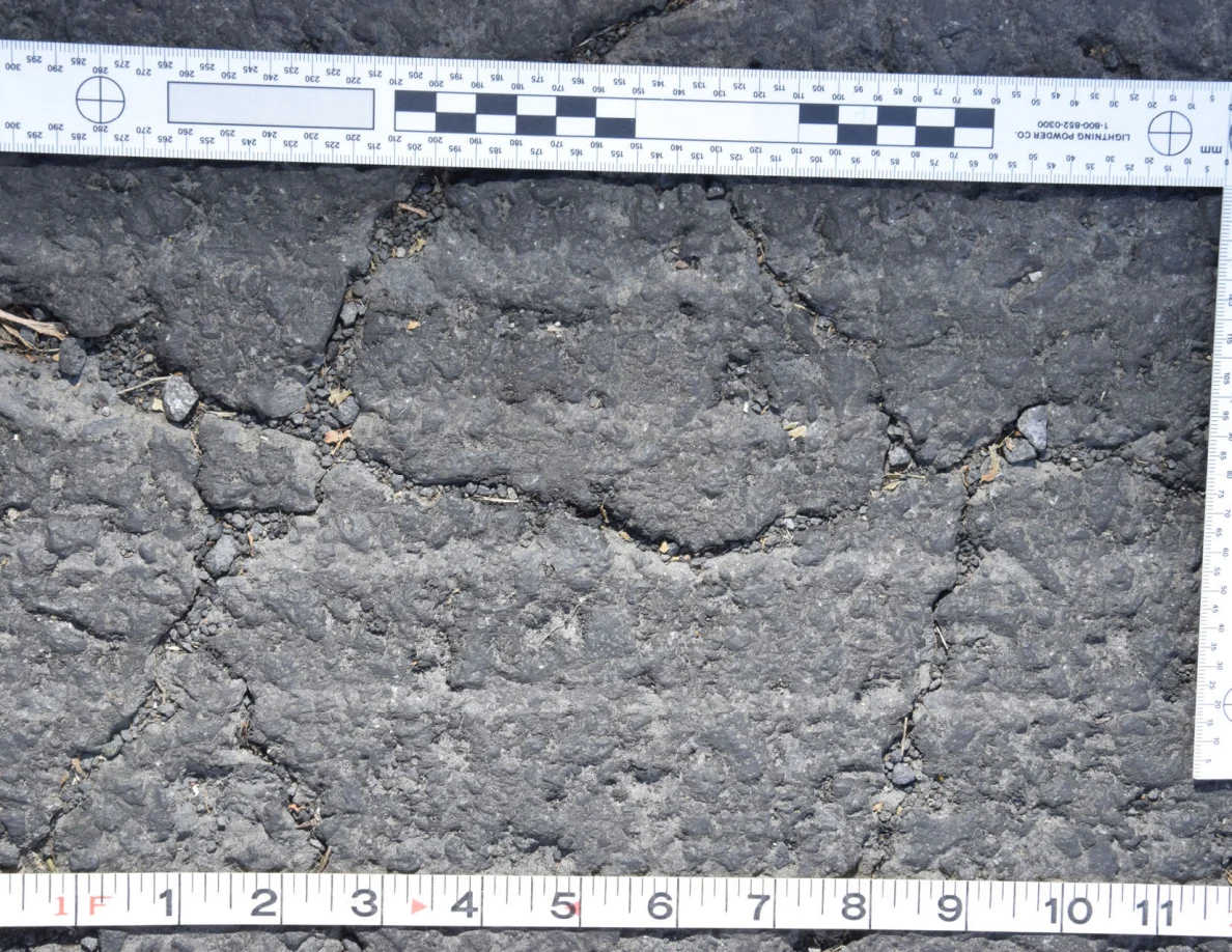 Intersecting cracks in asphalt with small pebbles lodged in the gaps, beside an L-shaped scale and measuring tape.