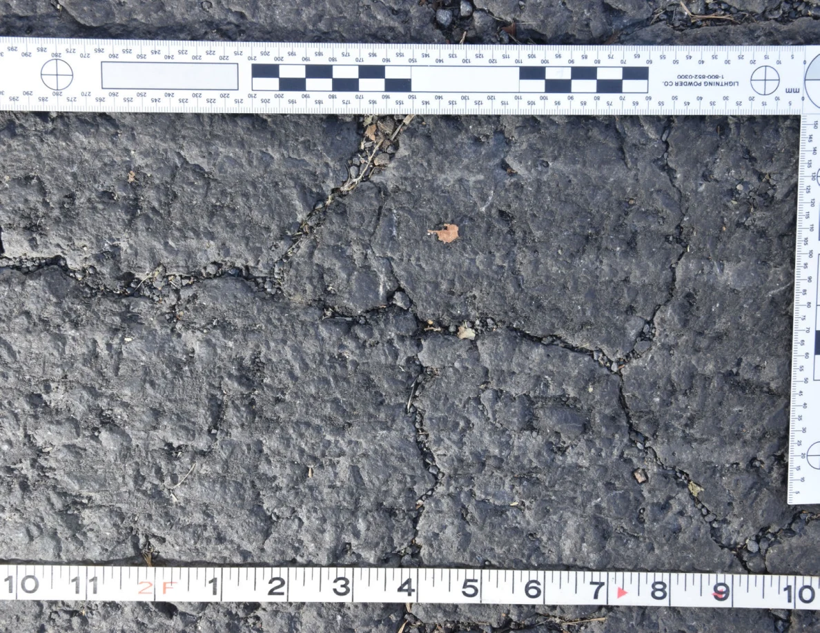 Cracked asphalt with a small brown leaf and grit in the fissures, framed by an L-shaped scale and measuring tape.