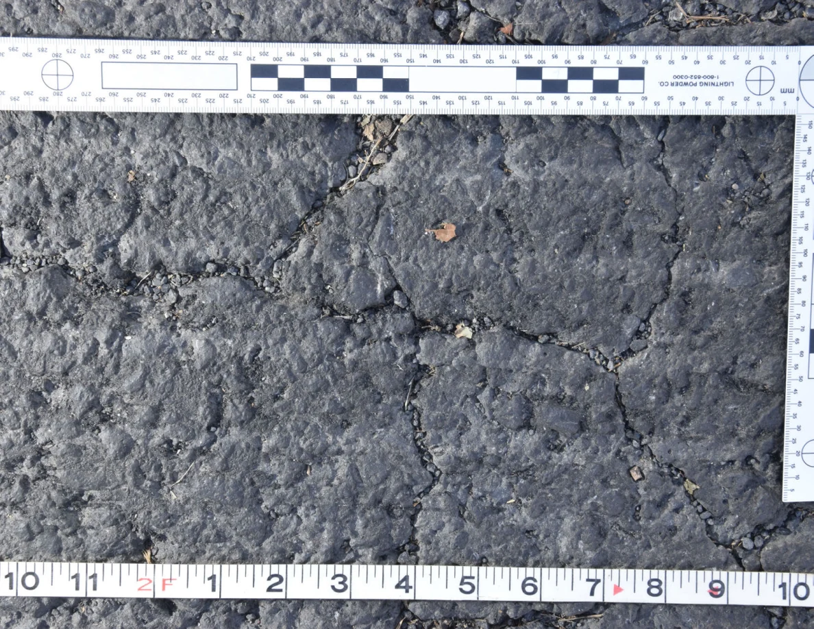 Cracked asphalt with a small brown leaf and grit in the fissures, framed by an L-shaped scale and measuring tape.