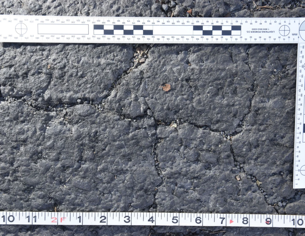 Cracked asphalt with a small brown leaf and grit in the fissures, framed by an L-shaped scale and measuring tape.