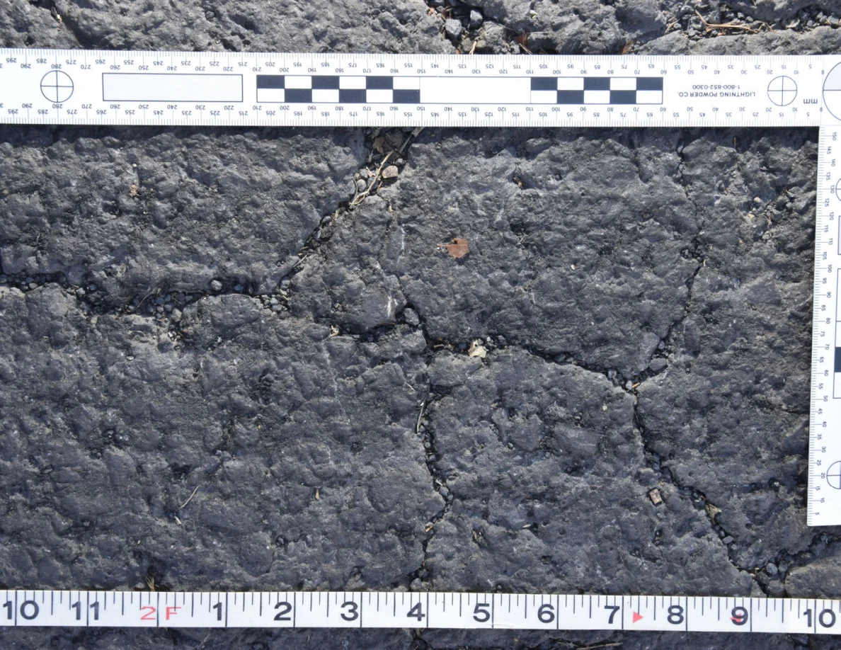 Cracked asphalt with a small brown leaf and grit in the fissures, framed by an L-shaped scale and measuring tape.